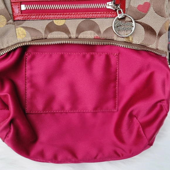Coach Poppy Monogram Gold Sparkle Dots. Red Hearts &Trim Bag - Picture 13 of 16